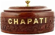 SHAPAR GOODS SHEESHAM Wood HANDCARVED CHAPATI Box with 2 LID Handle: 1 Brass Golden and 1 Wooden Brown / Wooden Casserole/ (Large) Size 23X 23 X 13 cms