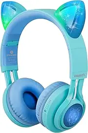 Kids Headphones, Riwbox CT-7S Cat Ear Bluetooth Headphones 85dB Volume Limiting,LED Light Up Kids Wireless Headphones Over Ear with Microphone for iPhone/iPad/Kindle/Laptop/PC/TV(Blue&Green)