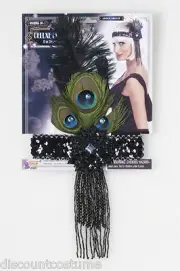 BLACK SEQUIN BEAD FLAPPER HEADBAND w/PEACOCK FEATHER HALLOWEEN COSTUME ACCESSORY
