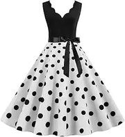 [HEYDHSDC] Polka Dot Print Women Summer Dress Black Patchwork Sleeveless V Neck Party Casual Midi Dresses