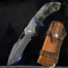 Handcrafted Feather Knife Damascus Steel Folding Pocket Knife Flipper w/ Sheath