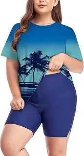[Inno] 2 Piece Plus Size Rash Guard for Women, Short Sleeve with Boyshorts UPF 50+ Surfing Swimwear 1X 2X 3X 4X 5X 6X