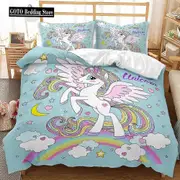 v587 Bed Sheets Pink Cartoon Unicorn Bedding Set Winter Duvet Cover Sets Reactive Printing Children's Birthday Gift Kids Adult Bedding Sets Twin 3-Pie