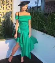 New NICOLA FINETTI Mira Emerald Green Satin Off-Shoulder Midi Dress Sz 10 $460