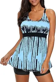 [ZANDO] Swimsuit for Women 2023 Tankini Bathing Suits for Womens Swimsuits Two Piece Tummy Control Swimsuit Top with Boy Shorts, A03 Light Blue Stripe, 3X-Large