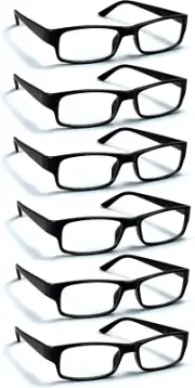 6 Pack Reading Glasses, Traditional Black Frames, with Spring Loaded Hinges