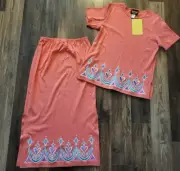 New Bob Mackie Peach Embroidered 2pc Pull On Maxi Skirt & Top Set Sz M Vacation