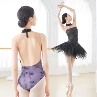 芭蕾舞衣成人露背舞蹈緊身衣立領無袖印花體操連體服