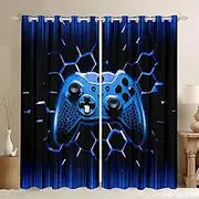 Manfei Honeycomb Gamepad Window Curtains Blue Geometric Game Controller Window Drapes for Kids Boys Teen, Modern Gamer Window Treatments Grommet Top 2 Panel Set Bedroom Curtains, 38Wx45L inch