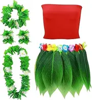 6 Pcs Hawaiian Woman Costume,leaf Hula Skirt with Crop Top Flower Necklace and Leis Outfits for Halloween Luau Party