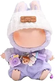 Mrltau Cute Baby Casual Stile Clothes For Labubu Keychain Doll, With Knitted Beanie & Plush Overalls & Camera Deco, Outfit Accessories for Labubus 1./2./3 .Generation Blind Box(purple)