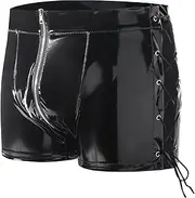 [Syhzlz] Men's Shiny Leather Short Pants, Below Zipper Open Crotch, Lace Adjustable, Boxer Bulge Pouch