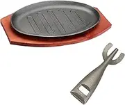 Fenteer Steak Sizzle Plate W/Wooden Base & Handle Household Use Oval Shape 8"/10"/12" Cast Iron Plate for Meats Cooking Kitchen - 12inch