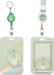 Aufruh 2 Set Cute Frog Retractable Lanyard with ID Badge Holder, Kawaii Duck Dinosaur Cat Dog Cartoon Animal Lanyard Holder with Key Chain for Bus School Cards, Men and Women (Rainbow Frog)