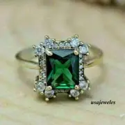 Emerald Cut Real Green Emerald 2.35CT 14K Yellow Gold Over Wedding Jewelry Ring