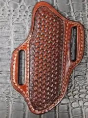 Brown Basketweave Open Top Belt Loop 45-Degree Fix Blade Knife Leather Sheath