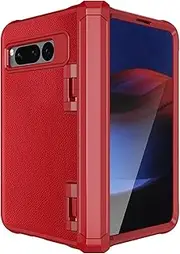 Case for Google Pixel Fold, Lychee Pattern Case with Camera Protective, Hinge Protection and Tempered Glass Anti-Fall Case,Red