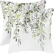 Velvet Floral Spring Pillow Covers 18 x 18 Inch Set of 2 Vintage Wild Flowers Decor Sage Green Throw Pillows Leaves Outdoor Farmhouse Wildflower Plant Decorative Cushion for Couch Bed Sofa