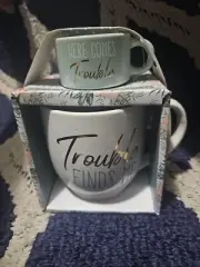BRAND NEW! TROUBLE FINDS ME & HERE COMES TROUBLE LARGE AND SMALL MUGS