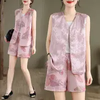 在飛比找Very buy優惠-新中式國風粉色套裝女夏季短褲兩件式套裝