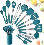 Kitchen Utensils Set, Herogo 15 Pcs Silicone Cooking Utensils with Holder, Non Stick & Heat Resistant Cooking Tools with Stainless Steel Handle, Silicone Spatula Whisk Spoon Turner Tongs, Blue