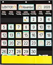 Calendar Hanging Bag Complete Calendar Pocket Chart with 89 Cards 3 Hooks Monthly Education Wall Calendar Multi-Functional Pocket Chart Wall Door Decor for Classroom Home 20 x 23.62inch (Rainbow)