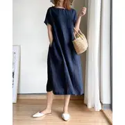 Short-Sleeve Round Neck Plain Midi A-Line Dress Navy Blue - XL
