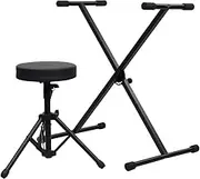 vidaXL Durable Steel Keyboard Stand and Stool Set in Black - Adjustable Height, Foldable Design with Comfortable Padding.