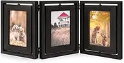 4x6 Picture Frame Rustic Wood Hinged Folding Triple Picture Frames Collage, Double-Sided Display Rotatable High Definition Glass Photo Frame for Home TableTop (Vintage Black)