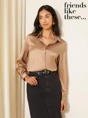 Friends Like These Mushroom Brown Satin Button Through Shirt (K87613) | $78