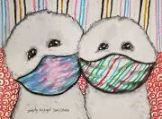 Bichon Frise in Quarantine Art Print 5 x 7 Signed Artist KSams Dogs in Masks