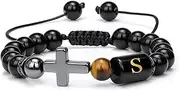 [Vinswet] Initial Beaded Bracelets for Men,8mm Tiger Eye Obsidian Hematite Triple Protection Bracelet,Handmade Mens Letter Lava Rock Stone Bracelet Yoga Beads Bracelets Adjustable Bracelets for Men Women Jewelry Gifts