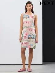 Cream Pink and Blue House Print Scoop Back Mini Shift Dress With Linen (AM3855) | $60