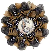 Sea Horse Burlap and Navy Blue Summer Coastal Wreath Handmade Deco Mesh