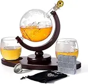 Whiskey Decanter Globe Set with 2 Etched Whiskey Glasses,9 Whiskey Stones,1 Funnel - for Liquor Scotch Bourbon Vodka, Gifts for Men - 850ml(28oz)