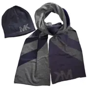 Michael Kors mens Reversible logo knit winter Scarf & Beanie Hat Set -Grey/ Navy