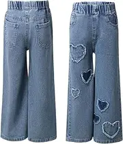 [iEFiEL] Big Girls' Boot-Cut Stretch Jeans Casual Denim Baggy Pants Loose Fit Distressed Trousers Capri