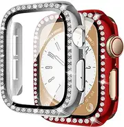 2Pack Screen Protector for Apple Watch Case 44mm 40mm 45mm 41mm,Bling Case+Tempered Glass iwatch Screen Protector,Women Girls Crystal Diamond Hard Cover for Apple Watch Series 9/SE 2nd/8/7/SE/6/5/4,silver/red