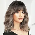 Brown Wig with Bangs Ombre Wigs for Women Short Wavy Highligh Wig Shoulder Le...