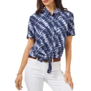 Vince Camuto Tie Dye Tie Front Rich Navy Buttoned Front Top Shirt Blouse S NEW