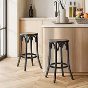 Oikiture Wooden Bar Stool 2pc Kitchen Vintage Barstool with 65cm Rattan Mesh Seat, Dining Chair Wooden Counter Barstools for Home Bar Dining Room, Black