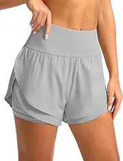 [SANTINY] Women's 2 in 1 Running Shorts with Pockets 3" High Waisted Exercise Workout Athletic Shorts for Women with Liner