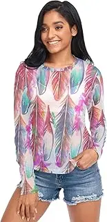 [RPLIFE] Watercolor Colorful Feathers White Long Sleeve Fishnet Top, Sexy Sheer Tops for Women S-XXL