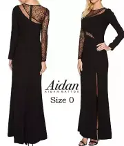 NWT Aidan Mattox Crepe Lace Mix Black Evening Gown Size 0