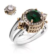 Turkish Reversible Round Emerald and White Topaz 925 Sterling Silver Ring
