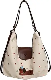 [Generic] Convertible Polka Dot Shoulder Bag and Backpack, White with Brown Dog Design, PU Leather