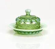 Green Opalescent Glass Domed Butter Dish Eyewinker Pattern