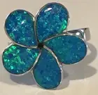 Size 8 18mm Hawaiian Blue Man Made Opal Plumeria Flower 925 Sterling Silver Ring