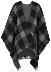 Eileen Fisher Checked Fringed Wool Poncho - Grey - M (UK 14-16 / L) M (UK 14-16 / L)