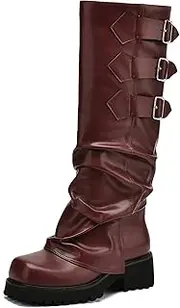 [AIUNIIND] Knee High Boots for Women Fold Over Boots Slouchy Square Toe Biker Boots Platform Riding Boots Gothic Moto Buckle Boots